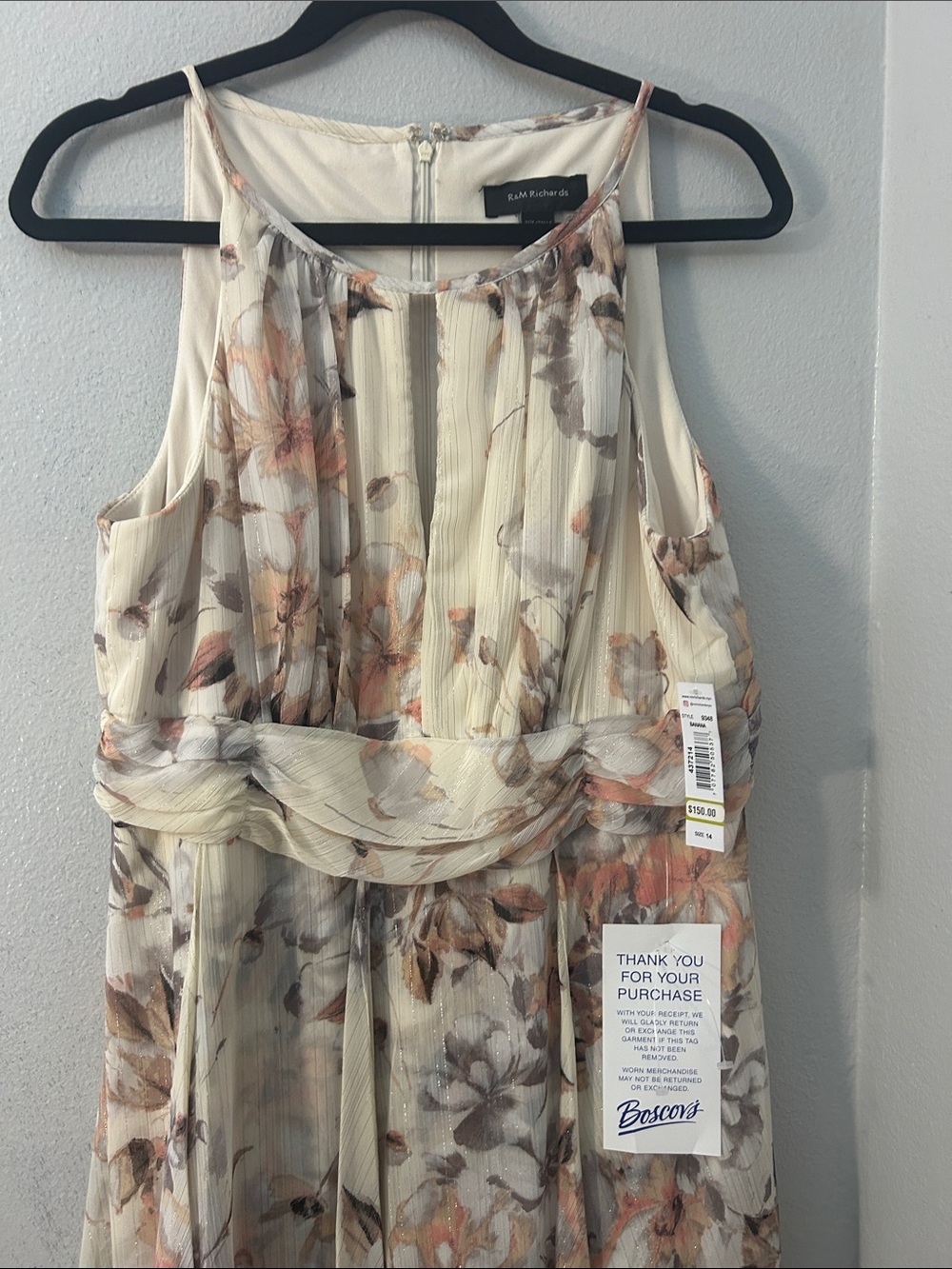 R&M Richards Cream Maxi Dress with Peach and Taupe Floral Accents